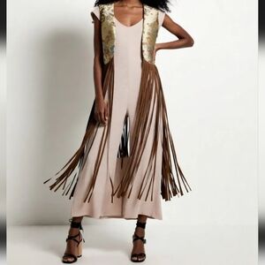Silky Finish & Faux Suede Long Fringe Vest Western Style Size Small